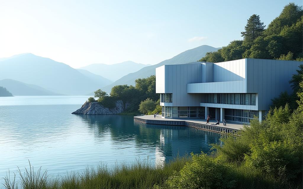 Moderne Wasserfiltrationsanlage am Ufer des Genfersees